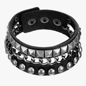 Black Faux Leather Cuff Bracelet Buckle Punk Gothic With Snaps